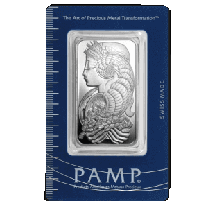 frontal view of the minted 1 oz PAMP Suisse Fortuna silver bullion bars