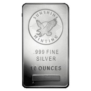 frontal view of minted 10 oz Sunshine Mint silver bars