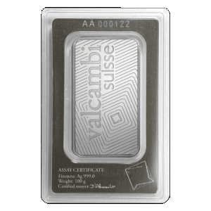 backside view of minted 100 gram Valcambi silver bullion bars
