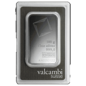 frontal view of minted 100 gram Valcambi silver bars