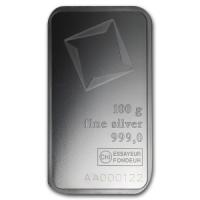 frontal view of 100 gram Valcambi silver bullion bars
