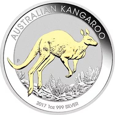reverse side of the 2017 gilded issue of the 1 oz Australian Silver Kangaroo coin