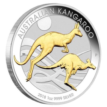 reverse side of the 2018 gilded issue of the 1 oz Australian Silver Kangaroo coin