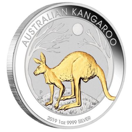 reverse side of the 2019 gilded issue of the 1 oz Australian Silver Kangaroo coin