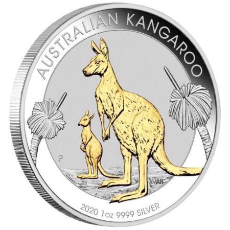 reverse side of the 2020 gilded issue of the 1 oz Australian Silver Kangaroo coin