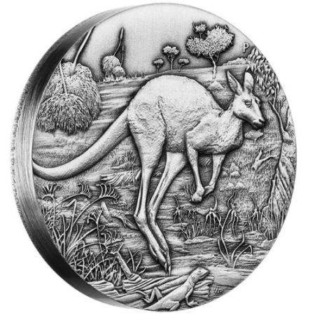 reverse side of the 2016 antiqued high relief 2 oz issue of the Australian Silver Kangaroo coin