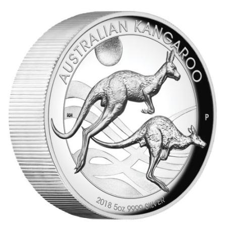 reverse side of the 2018 issue of the high relief proof 5 oz Australian Silver Kangaroo coin