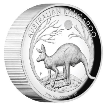 reverse side of the 2019 issue of the high relief proof 5 oz Australian Silver Kangaroo coin