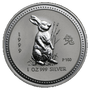 reverse side of the 1999 issue of the brilliant uncirculated Year of the Rabbit 1 oz Silver Lunar coin