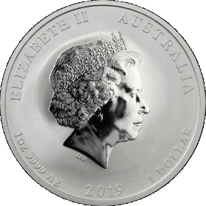 obverse side of the 2019 issue of the brilliant uncirculated 1 oz Australian Silver Lunar coins