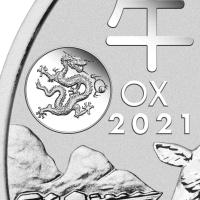 partial zoomed-in view of the reverse side of the 2021 issue of the 1 oz BU Australian Lunar silver coins with Dragon Privy