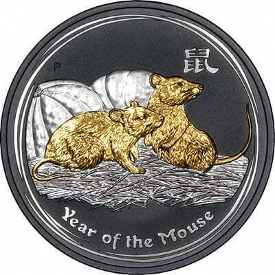 reverse side of the gilded 2008 issue of the Australian Silver Lunar Series 2 coin