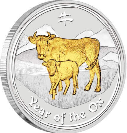 reverse side of the gilded 2009 issue of the Australian Silver Lunar Series 2 coin