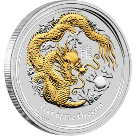 reverse side of the gilded 2012 issue of the Australian Silver Lunar Series 2 coin