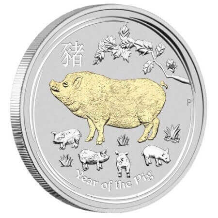 reverse side of the gilded 2019 issue of the Australian Silver Lunar Series 2 coin