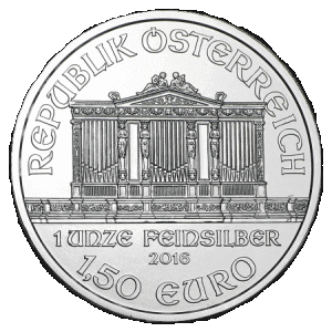 reverse side of the 2016 issue of the brilliant uncirculated 1 oz Austrian Silver Philharmonic coins