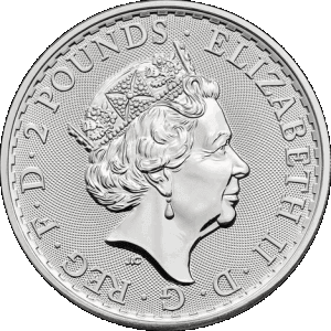 obverse side of the 2021 issue of the brilliant uncirculated 1 oz British Silver Britannia coins