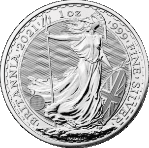 reverse side of the 2021 issue of the brilliant uncirculated 1 oz British Silver Britannias