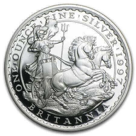 reverse side of the 1997 issue of the proof 1 oz British Silver Britannia coin