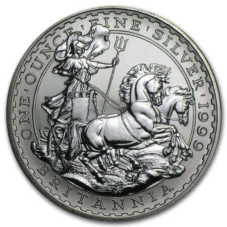 reverse side of the 1999 issue of the brilliant uncirculated 1 oz British Silver Britannia coins