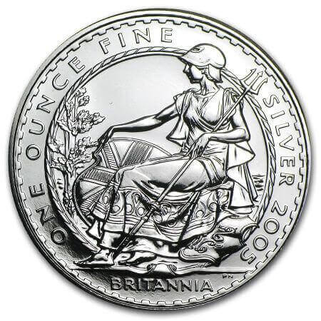 reverse side of the 2005 issue of the brilliant uncirculated 1 oz British Britannia silver coin
