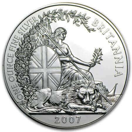 reverse side of the 2007 issue of the brilliant uncirculated 1 oz British Britannia silver coins