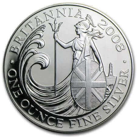 reverse side of the 2008 issue of the brilliant uncirculated 1 oz Silver Britannia