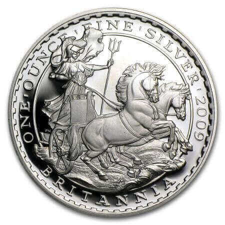 reverse side of the 2009 issue of the proof 1 oz Silver Britannias