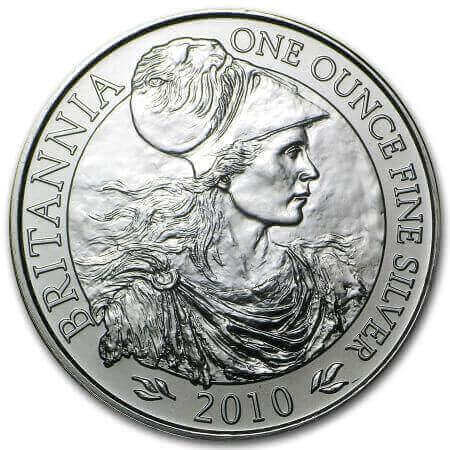 reverse side of the 2010 issue of the brilliant uncirculated 1 oz Great Britain Silver Britannia coin