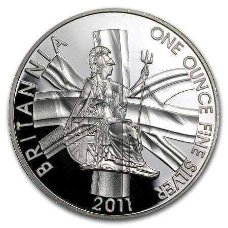 reverse side of the 2011 issue of the proof 1 oz Great Britain Silver Britannia coins
