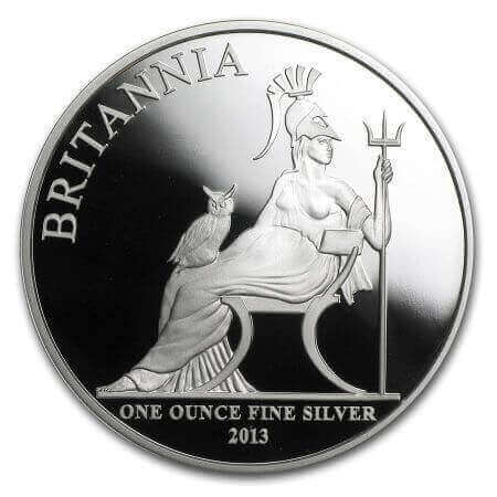 reverse side of the 2013 issue of the proof 1 oz Britannia silver bullion coin