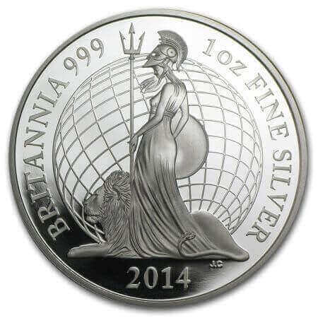 reverse side of the 2014 issue of the proof 1 oz Britannia silver bullion coins