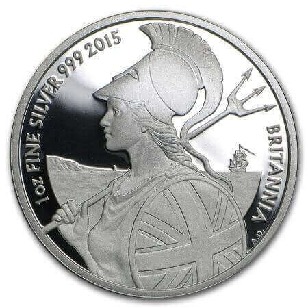 reverse side of the 2015 issue of the proof 1 oz Silver Britannia coin