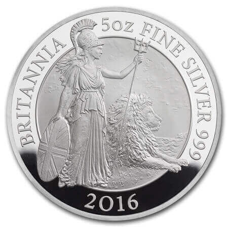 reverse side of the 2016 issue of the proof 5 oz Silver Britannia coins