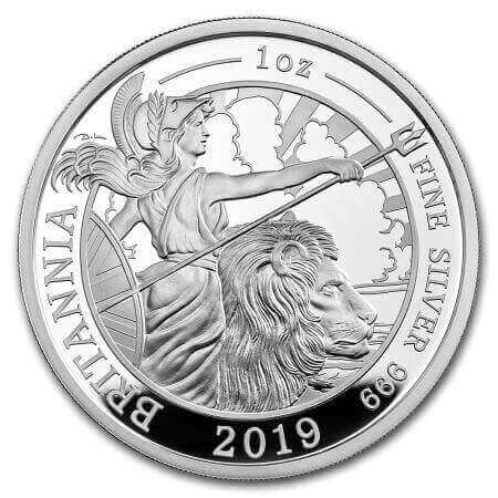 reverse side of the 2019 issue of the proof 1 oz British Silver Britannia