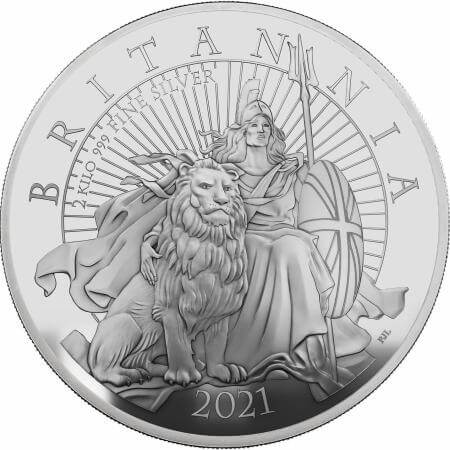 reverse side of the 2021 issue of the proof 2 kg British Silver Britannia