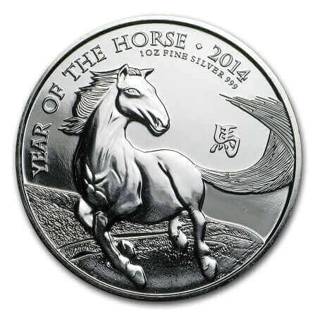 reverse side of the 2014 Year of the Horse issue of the brilliant uncirculated 1 oz British Lunar silver coins
