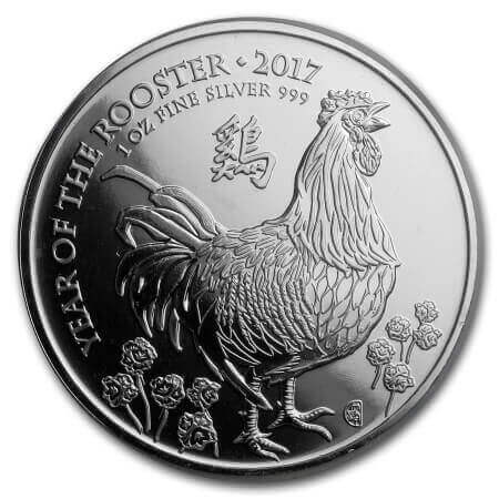 reverse side of the 2017 Year of the Rooster issue of the brilliant uncirculated 1 oz British Silver Lunar coin