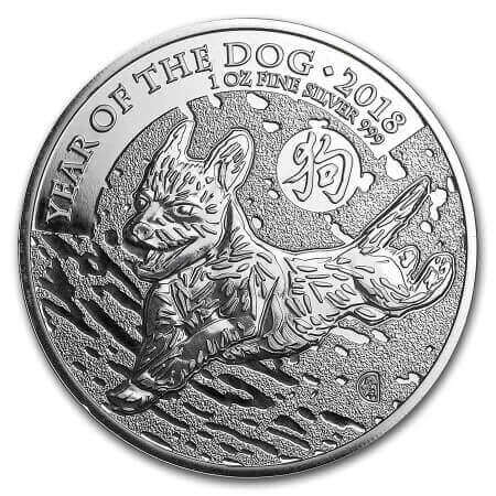 reverse side of the 2018 Year of the Dog issue of the brilliant uncirculated 1 oz British Silver Lunar coins