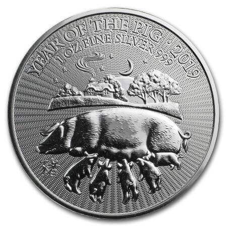 reverse side of the 2019 Year of the Pig issue of the brilliant uncirculated 1 oz British Silver Lunar coins