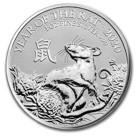 reverse side of the 2020 Year of the Rat issue of the brilliant uncirculated 1 oz British Silver Lunar coins