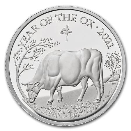 reverse side of the 2021 Year of the Ox proof issue of the 1 oz British Silver Lunar coins