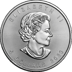 obverse side of the 2020 issue of the brilliant uncirculated 1 oz Canadian Silver Maple Leaf coins