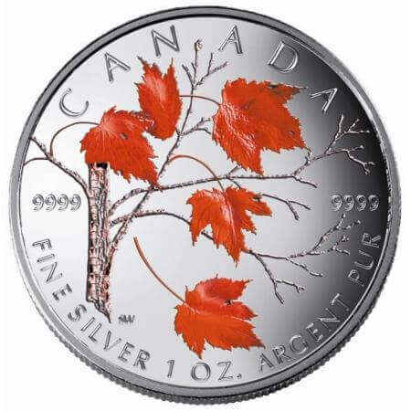 reverse side of the 2004 winter edition of the coloured 1 oz Silver Maple Leaf coins