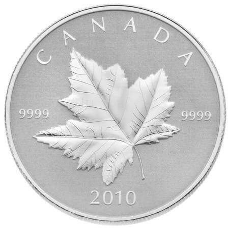 reverse side of the reverse proof 1 oz Silver Maple Leaf Piedfort coin that was issued as a part of the 2-coin Piedfort coin set in 2010