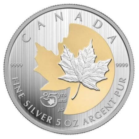 reverse side of the collectible 5 oz reverse proof Silver Maple Leaf coin that was issued in 2013