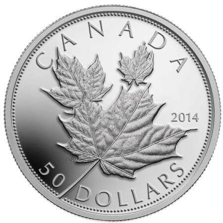reverse side of the collectible 5 oz high relief proof Silver Maple Leaf coin that was issued in 2014