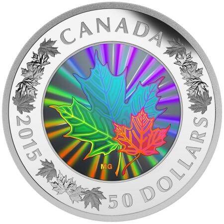 reverse side of the collectible 5 oz hologram proof Silver Maple Leaf coin that was issued in 2015