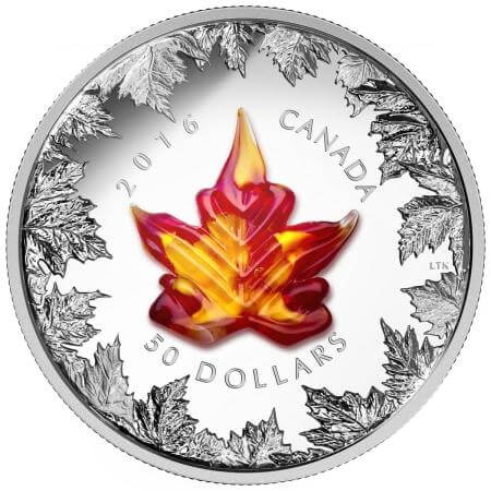 reverse side of the collectible 5 oz Silver Maple Leaf proof issue with Murano glass embellishment that was issued in 2016
