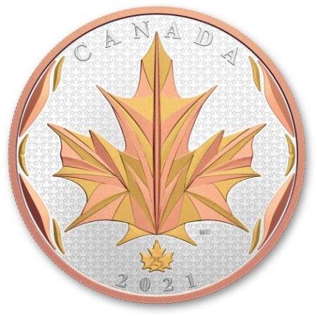 reverse side of the collectible Maple Leaves in Motion yellow and rose gold-plated 5 oz proof Silver Maple Leaf coin that was issued in 2021